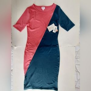 NWT LuLaRoe Julia Blue/Salmon Pink SS Fitted Knee Length Dress Ladies Size S